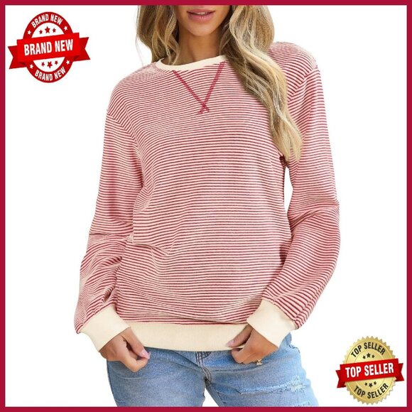 Tops - Women's Striped Crewneck Sweatshirt Long Sleeve Pullover Cotton Blend Loose Fit